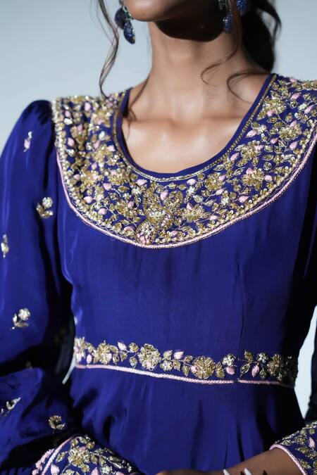 Aavya Blue Chiffon Embroidery Round Neck Floral Anarkali Set at Aza Fashions Aavya_Blue Chiffon Embroidery Round Neck Floral Anarkali Set _at_Aza_Fashions