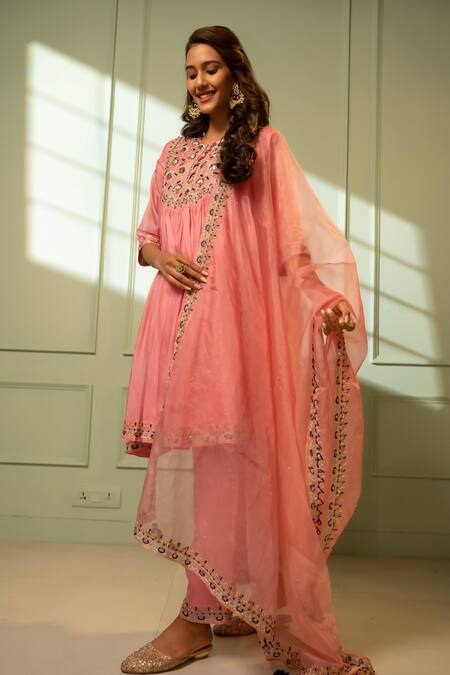 Shop_Aavya_Pink Silk Embroidery Round Neck Floret Kurta Set _Online_at_Aza_Fashions
