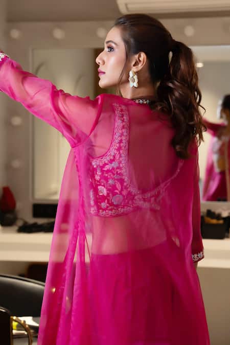 Buy_Aavya_Pink Silk Embroidery Open Neck Tulip Cape And Gharara Set _Online_at_Aza_Fashions