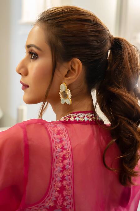 Shop_Aavya_Pink Silk Embroidery Open Neck Tulip Cape And Gharara Set _Online_at_Aza_Fashions