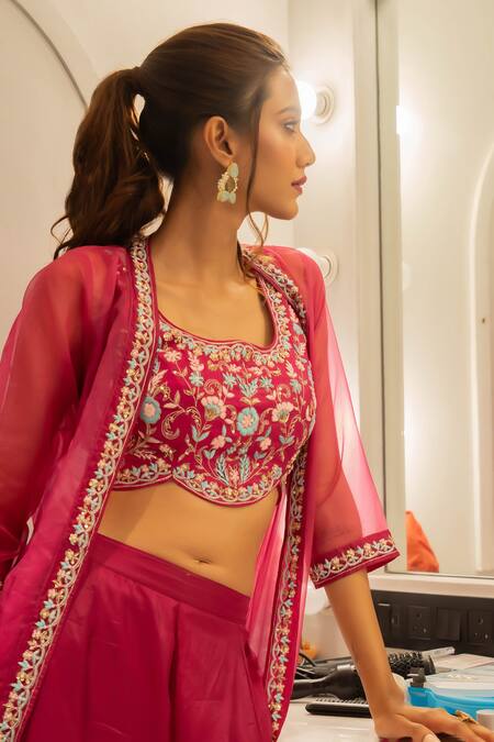 Buy_Aavya_Pink Silk Embroidery Open Neck Tulip Cape And Gharara Set 