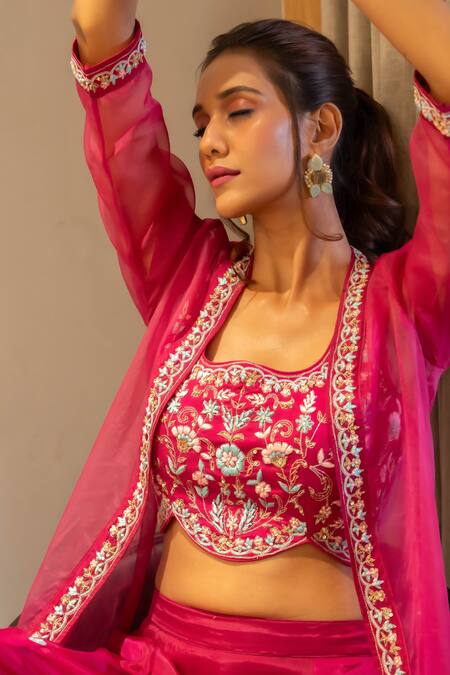 Shop_Aavya_Pink Silk Embroidery Open Neck Tulip Cape And Gharara Set 