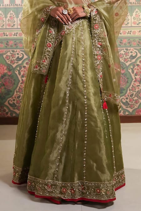 Aavya_Green Tissue, Organza Tassels, Embroidery Round Neck Petunia Vine Lehenga Set _Online_at_Aza_Fashions