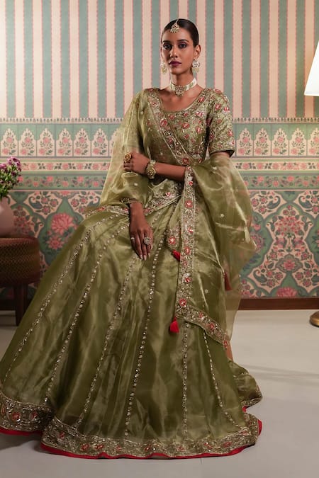 Buy_Aavya_Green Tissue, Organza Tassels, Embroidery Round Neck Petunia Vine Lehenga Set _Online_at_Aza_Fashions