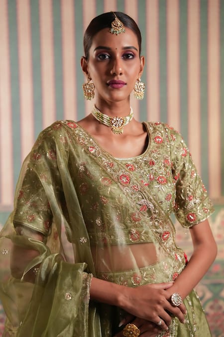 Shop_Aavya_Green Tissue, Organza Tassels, Embroidery Round Neck Petunia Vine Lehenga Set _Online_at_Aza_Fashions