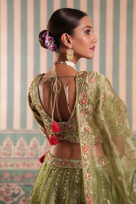 Aavya_Green Tissue, Organza Tassels, Embroidery Round Neck Petunia Vine Lehenga Set _at_Aza_Fashions