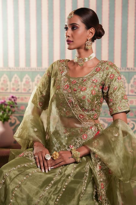 Buy_Aavya_Green Tissue, Organza Tassels, Embroidery Round Neck Petunia Vine Lehenga Set 