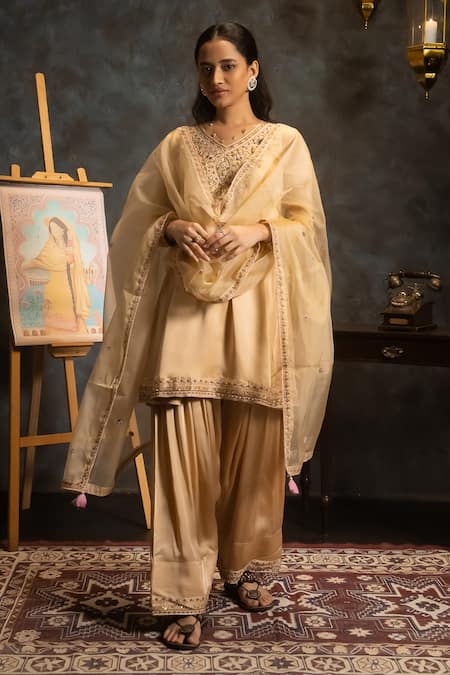 Shop_Aavya_Beige Satin, Linen, Chiffon Embroidery V-neck Blossom Garden Kurta Set _Online_at_Aza_Fashions