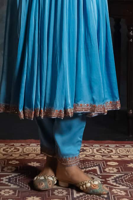 Aavya_Blue Satin, Linen Embroidery Round Neck Gulshan Anarkali Set _Online_at_Aza_Fashions