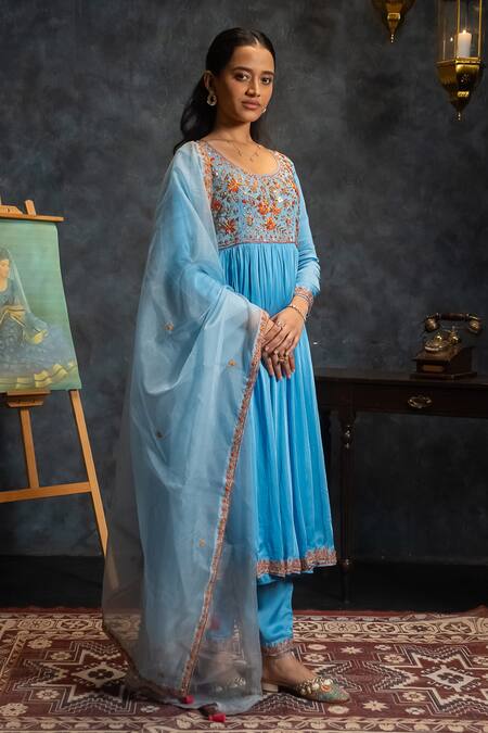Buy_Aavya_Blue Satin, Linen Embroidery Round Neck Gulshan Anarkali Set _Online_at_Aza_Fashions