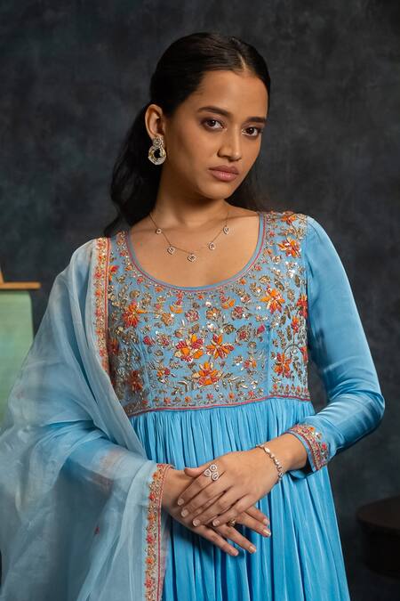 Aavya_Blue Satin, Linen Embroidery Round Neck Gulshan Anarkali Set _at_Aza_Fashions