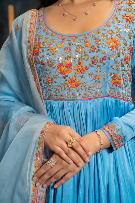 Buy_Aavya_Blue Satin, Linen Embroidery Round Neck Gulshan Anarkali Set 