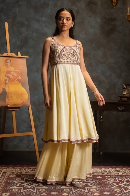 Shop_Aavya_Ivory Satin Embroidery Round Neck Geometric Bloom Anarkali Set _Online_at_Aza_Fashions