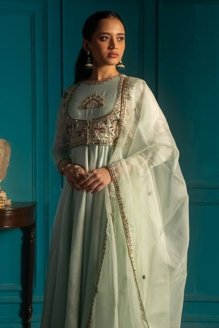Aavya_Green Silk, Linen Embroidery, Sequins Collared Mughal Bloom Anarkali Set _Online_at_Aza_Fashions