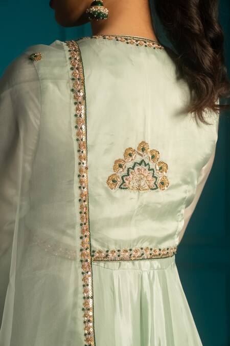 Buy_Aavya_Green Silk, Linen Embroidery, Sequins Collared Mughal Bloom Anarkali Set _Online_at_Aza_Fashions