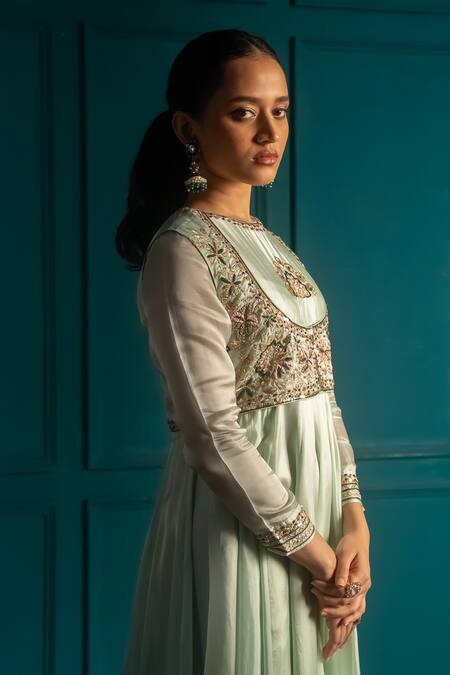 Shop_Aavya_Green Silk, Linen Embroidery, Sequins Collared Mughal Bloom Anarkali Set _Online_at_Aza_Fashions