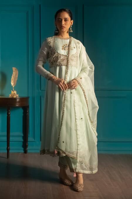 Aavya_Green Silk, Linen Embroidery, Sequins Collared Mughal Bloom Anarkali Set _at_Aza_Fashions