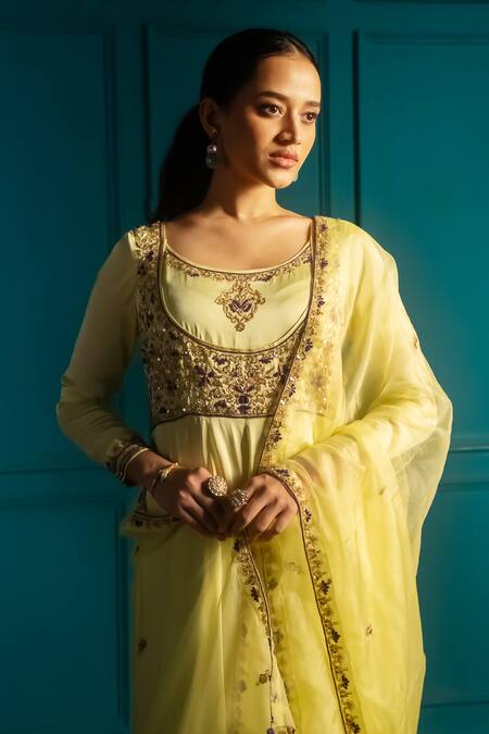 Shop_Aavya_Green Satin Embroidery Round Neck Mughal Blossom Anarkali Set _Online_at_Aza_Fashions