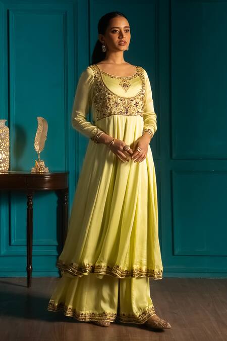 Aavya_Green Satin Embroidery Round Neck Mughal Blossom Anarkali Set _at_Aza_Fashions