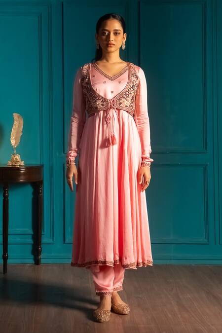 Aavya_Pink Satin, Linen Embroidery Round Neck Mughal Flora Anarkali Set _Online_at_Aza_Fashions