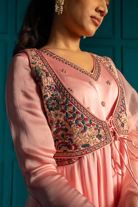 Buy_Aavya_Pink Satin, Linen Embroidery Round Neck Mughal Flora Anarkali Set _Online_at_Aza_Fashions