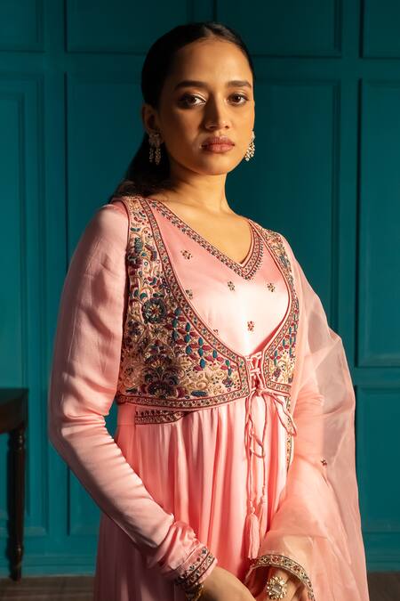Aavya_Pink Satin, Linen Embroidery Round Neck Mughal Flora Anarkali Set _at_Aza_Fashions
