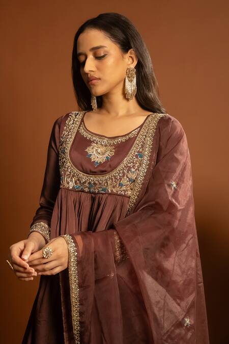 Aavya_Brown Satin, Linen Embroidery Round Neck Gullista Kurta And Sharara Set _Online_at_Aza_Fashions