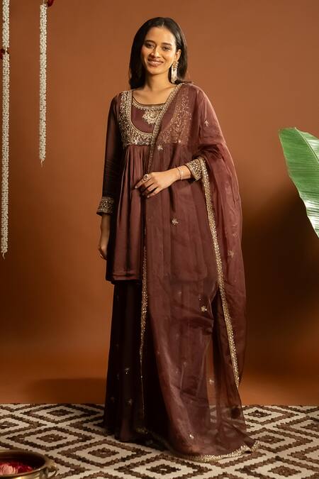 Shop_Aavya_Brown Satin, Linen Embroidery Round Neck Gullista Kurta And Sharara Set _Online_at_Aza_Fashions