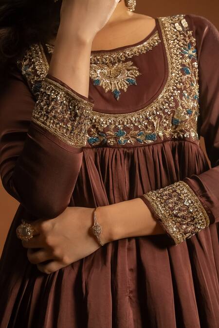 Aavya_Brown Satin, Linen Embroidery Round Neck Gullista Kurta And Sharara Set _at_Aza_Fashions