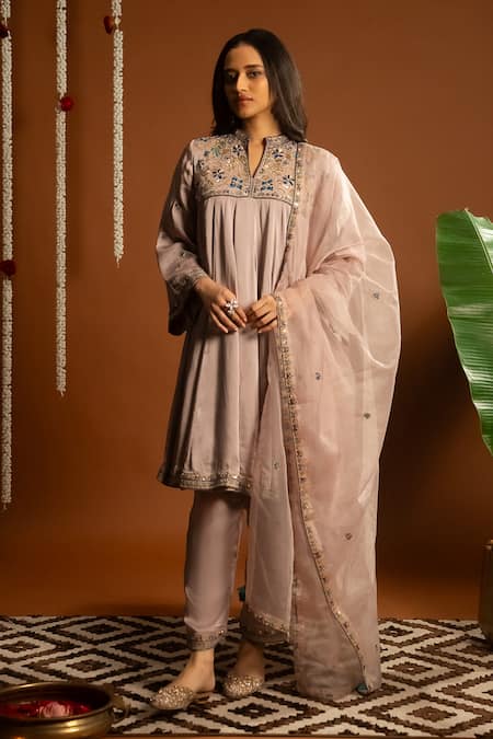Shop_Aavya_Pink Satin, Cotton, Chiffon Embroidery Mandarin Collar Gardenia Kurta Set _Online_at_Aza_Fashions