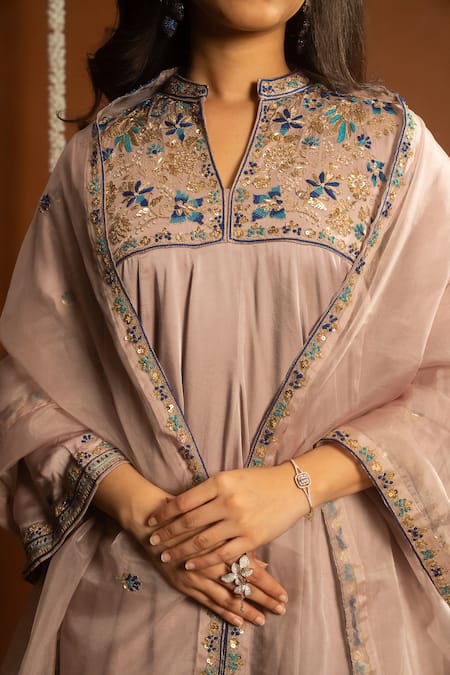 Aavya_Pink Satin, Cotton, Chiffon Embroidery Mandarin Collar Gardenia Kurta Set _at_Aza_Fashions