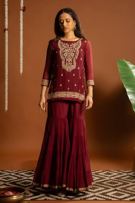 Aavya_Maroon Satin, Linen Embroidery Round Neck Crest Bloom Kurta And Sharara Set _Online_at_Aza_Fashions