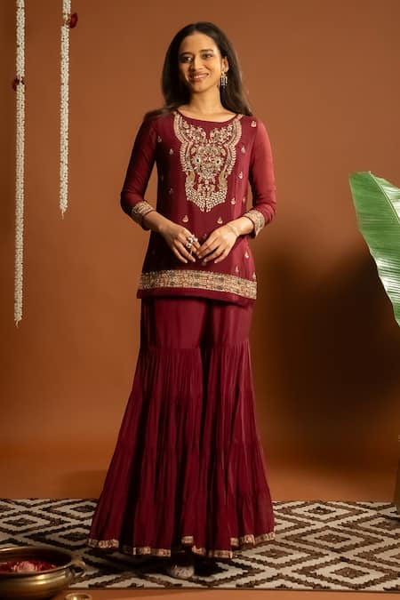 Aavya Crest Bloom Embroidered Kurta & Sharara Set 