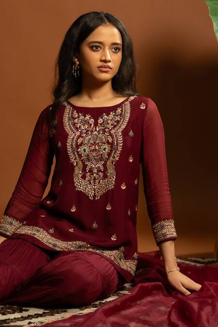 Buy_Aavya_Maroon Satin, Linen Embroidery Round Neck Crest Bloom Kurta And Sharara Set _Online_at_Aza_Fashions