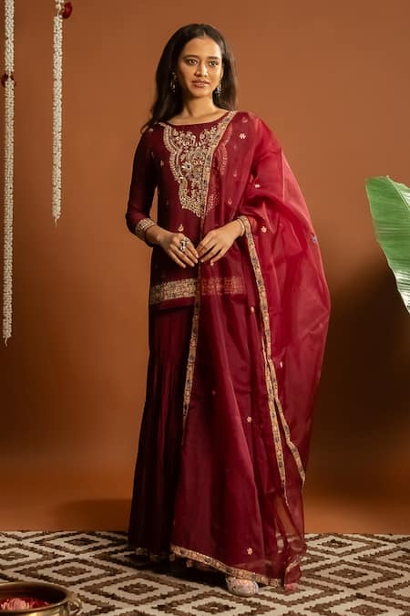 Shop_Aavya_Maroon Satin, Linen Embroidery Round Neck Crest Bloom Kurta And Sharara Set _Online_at_Aza_Fashions