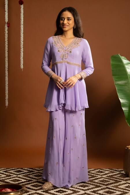 Aavya_Purple Georgette, Linen Embroidery V-neck Phool Gul Kurta And Sharara Set _Online_at_Aza_Fashions
