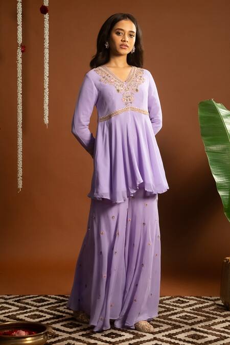 Buy_Aavya_Purple Georgette, Linen Embroidery V-neck Phool Gul Kurta And Sharara Set _Online_at_Aza_Fashions