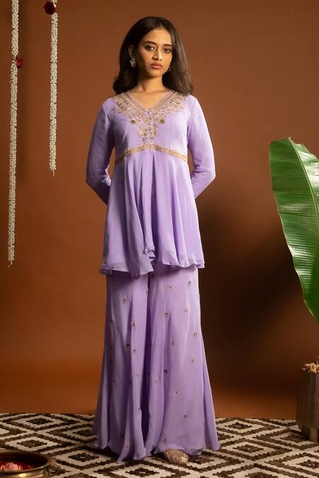 Shop_Aavya_Purple Georgette, Linen Embroidery V-neck Phool Gul Kurta And Sharara Set _Online_at_Aza_Fashions