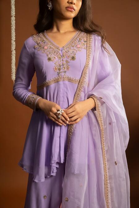 Aavya_Purple Georgette, Linen Embroidery V-neck Phool Gul Kurta And Sharara Set _at_Aza_Fashions