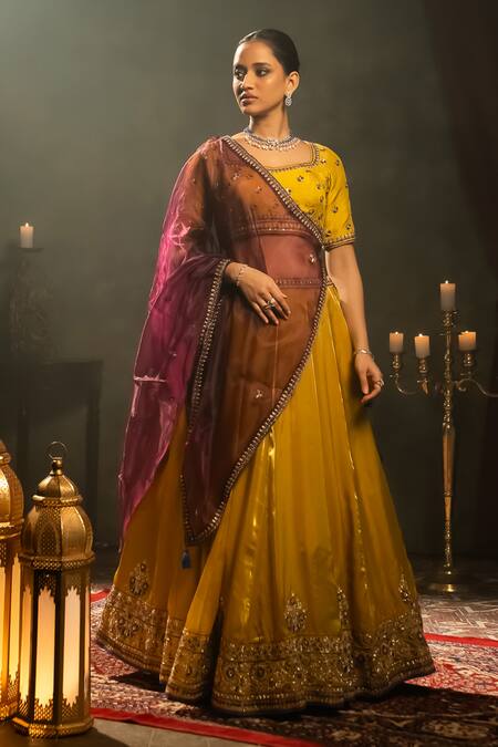 Buy_Aavya_Yellow Tissue Embroidery, Tassels Sweetheart Neck Phoolista Lehenga Set _Online_at_Aza_Fashions