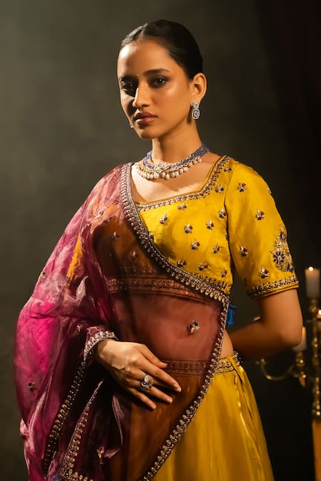 Shop_Aavya_Yellow Tissue Embroidery, Tassels Sweetheart Neck Phoolista Lehenga Set _Online_at_Aza_Fashions