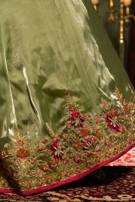Buy_Aavya_Green Tissue, Linen Embroidery Halter Neck Crest Vine Lehenga Set _Online_at_Aza_Fashions