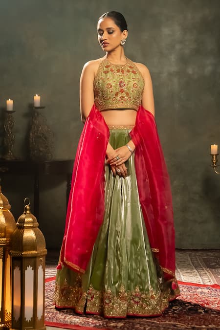 Shop_Aavya_Green Tissue, Linen Embroidery Halter Neck Crest Vine Lehenga Set _Online_at_Aza_Fashions