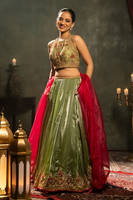 Aavya_Green Tissue, Linen Embroidery Halter Neck Crest Vine Lehenga Set _at_Aza_Fashions