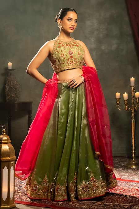 Buy_Aavya_Green Tissue, Linen Embroidery Halter Neck Crest Vine Lehenga Set 