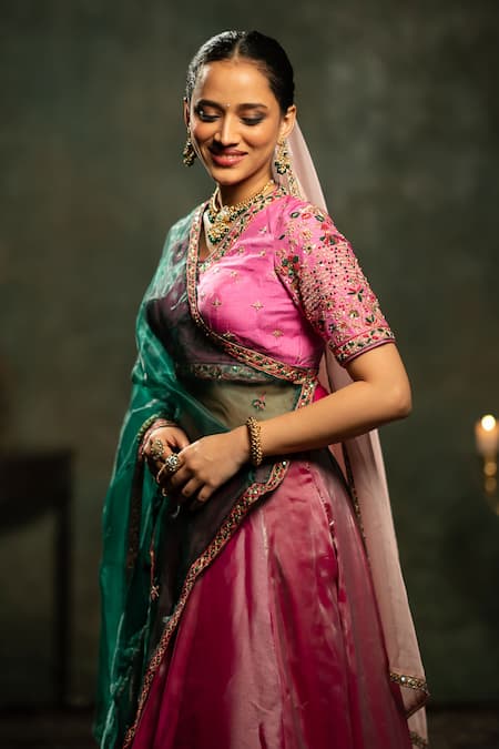 Aavya_Pink Tissue Embroidery V-neck Bahar Vine Lehenga Set _Online_at_Aza_Fashions
