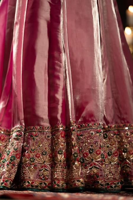 Buy_Aavya_Pink Tissue Embroidery V-neck Bahar Vine Lehenga Set _Online_at_Aza_Fashions
