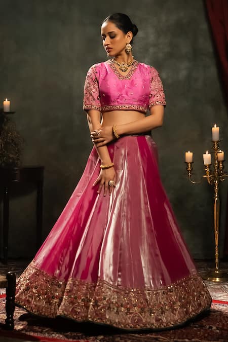 Shop_Aavya_Pink Tissue Embroidery V-neck Bahar Vine Lehenga Set _Online_at_Aza_Fashions