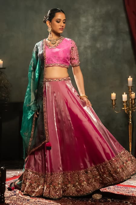 Aavya_Pink Tissue Embroidery V-neck Bahar Vine Lehenga Set _at_Aza_Fashions