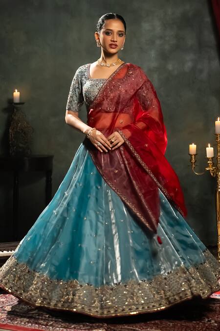 Aavya_Blue Tissue Embroidery Square Neck Gullista Vine Lehenga Set _Online_at_Aza_Fashions